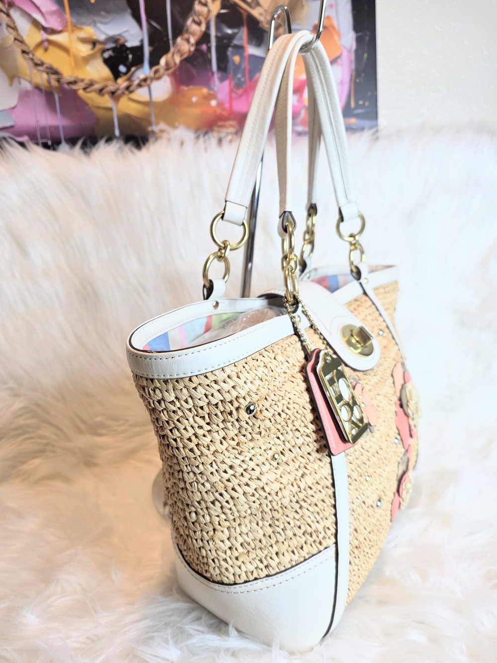 Coach Hamptons LE 2pcs Straw Flower Tote & Wristlet Set Coral Appliqué Floral - Picture 8 of 15